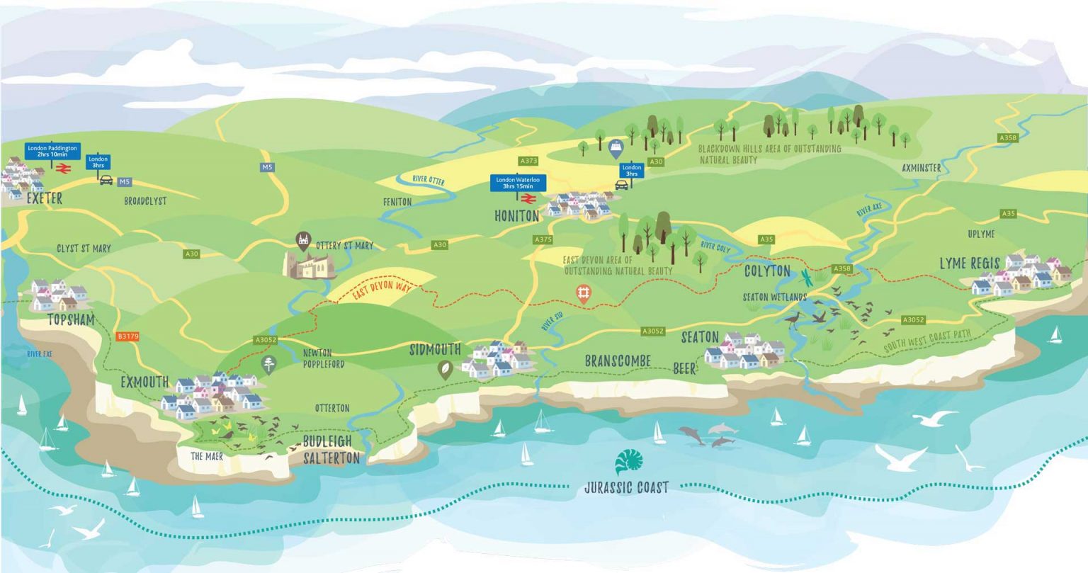 Illustrated map of East Devon showing the Jurassic Coast, towns, villages and surrounding countryside.